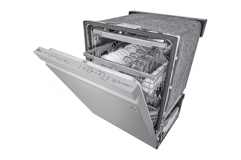 Lavaplatos LG de acero inoxidable, vista frontal con platos y vasos