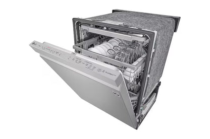 Lavaplatos LG de acero inoxidable, vista frontal con platos y vasos