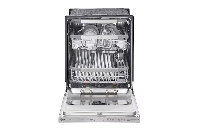 Lavaplatos LG negro frontal con platos y utensilios organizados