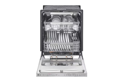 Lavaplatos LG negro frontal con platos y utensilios organizados