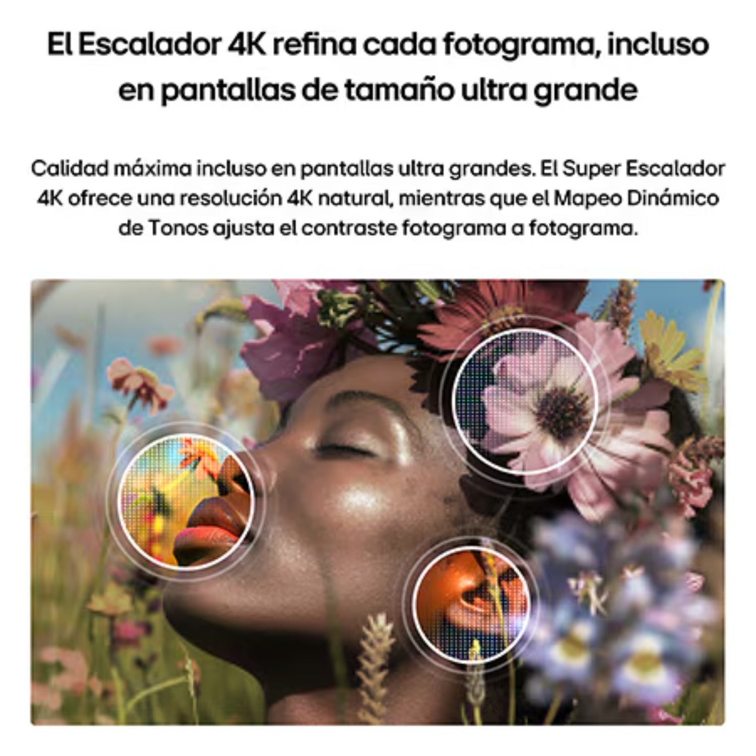 Escalador 4K LG en pantalla grande, mejorando calidad de imagen y contraste