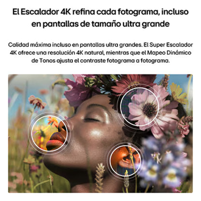 Escalador 4K LG en pantalla grande, mejorando calidad de imagen y contraste