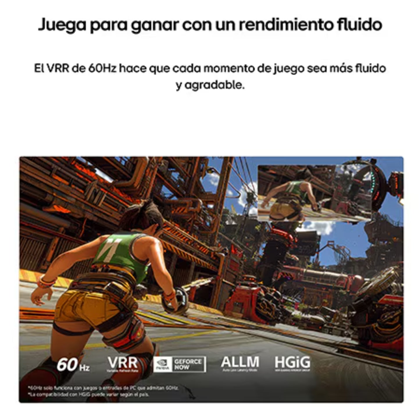Pantalla LG 60Hz, vista frontal, juego fluido con VRR