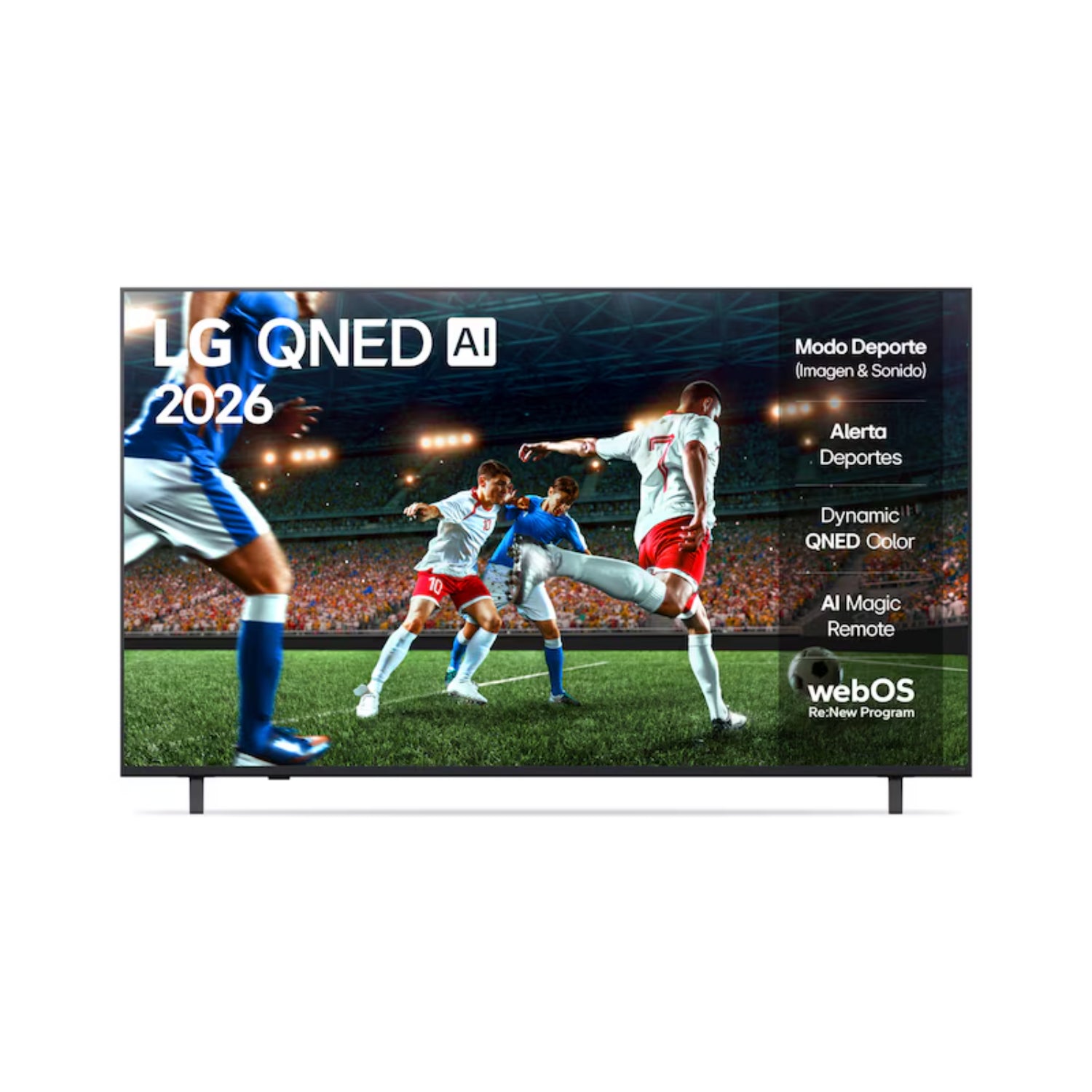 Televisor LG QNED 2026 con modo deporte, pantalla en acción de rugby