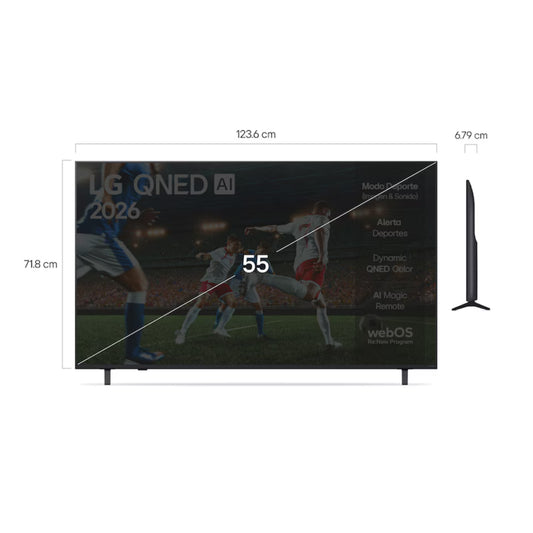 Televisor LG QNED 2026 de 55 pulgadas, frontal, apto para deportes