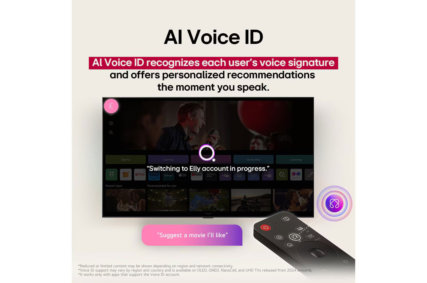 Televisor LG QNED 75 pulgadas Honduras con función AI Voice ID para recomendaciones personalizadas.