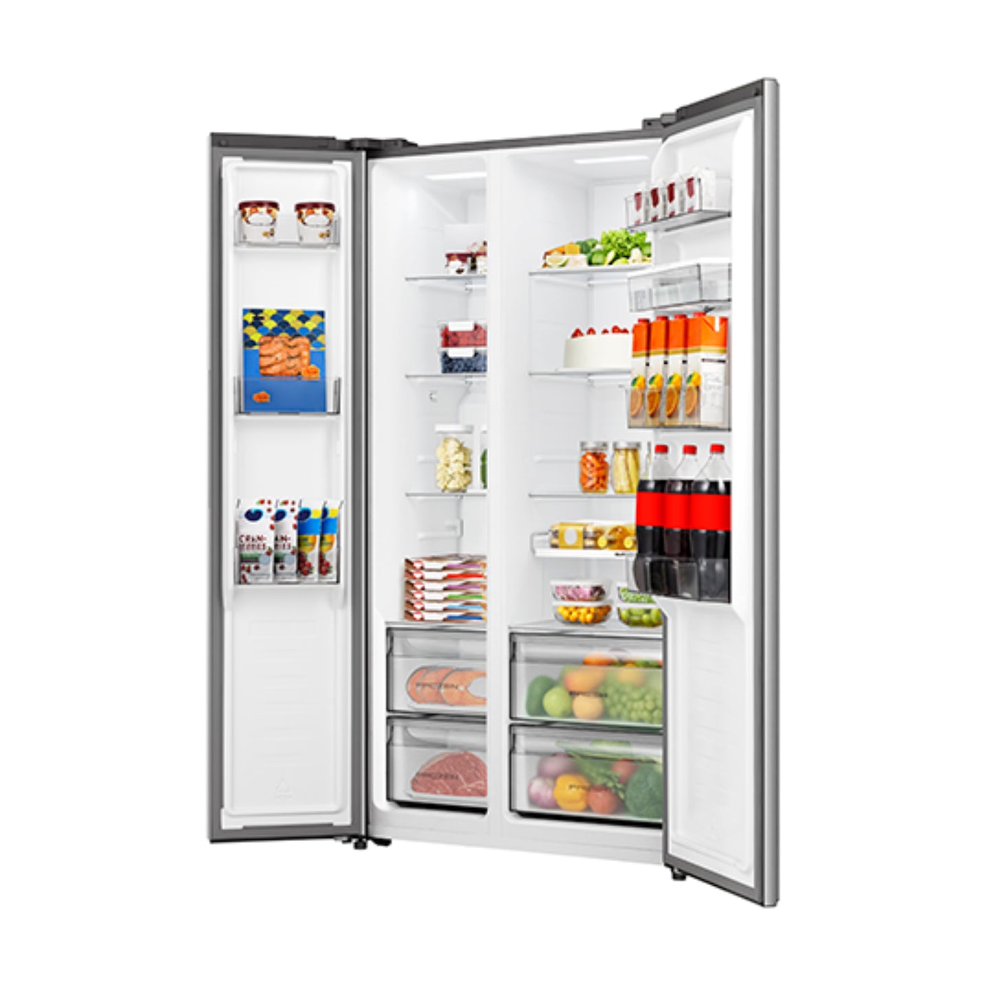 Refrigeradora LG Side by Side 19 pies con puertas abiertas mostrando almacenamiento diverso de alimentos y bebidas