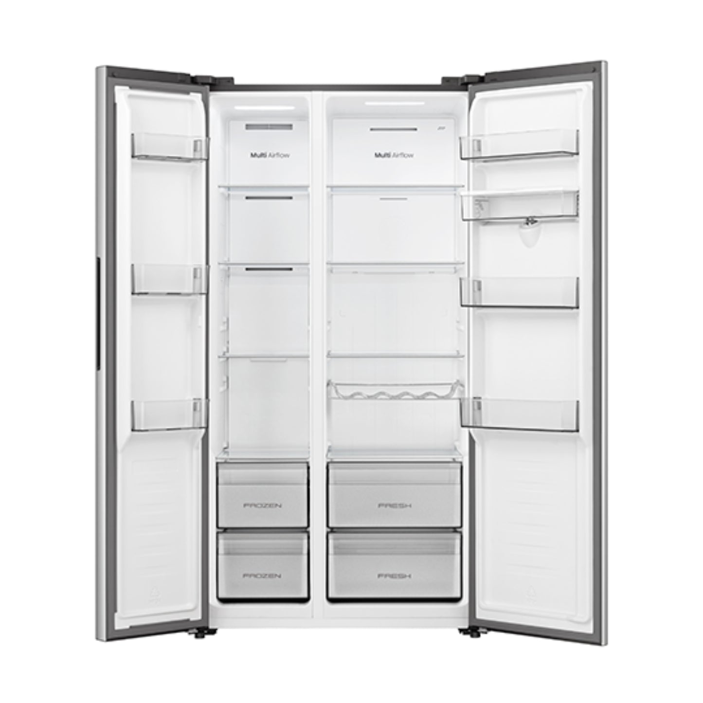 Interior de la refrigeradora LG Side by Side 19 pies con estantes y cajones espaciosos para almacenamiento eficiente