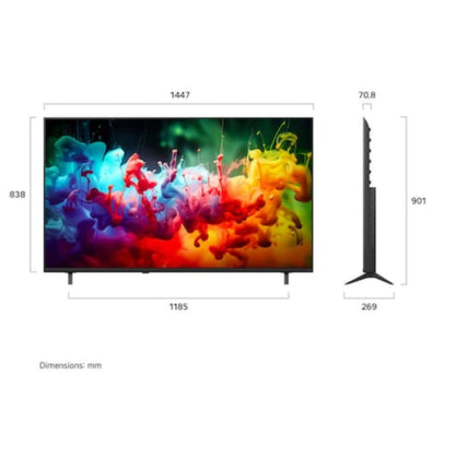 televisor LG smart colorido frontal, dimensiones y diseño moderno