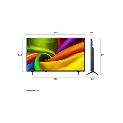 televisor 4k LG, frontal, pantalla colorida, dimensiones visibles