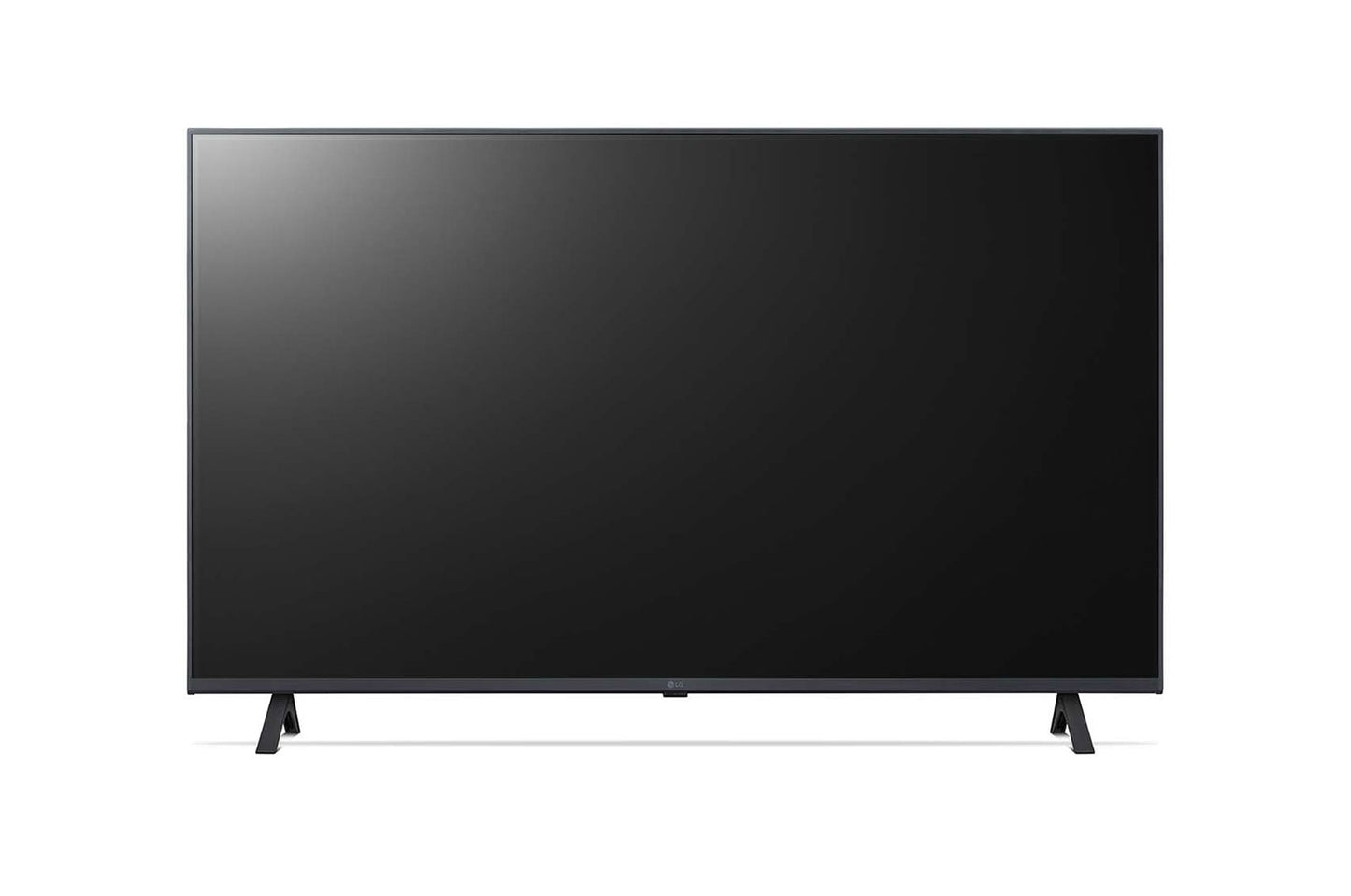 televisor LG 43 pulgadas 4K pantalla negra frontal con bisel fino y patas de soporte minimalistas