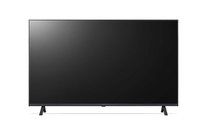 televisor LG 43 pulgadas 4K pantalla negra frontal con bisel fino y patas de soporte minimalistas
