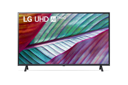 televisor LG 43 pulgadas 4K con pantalla UHD AI ThinQ, diseño fino, peana de mesa y colores vivos
