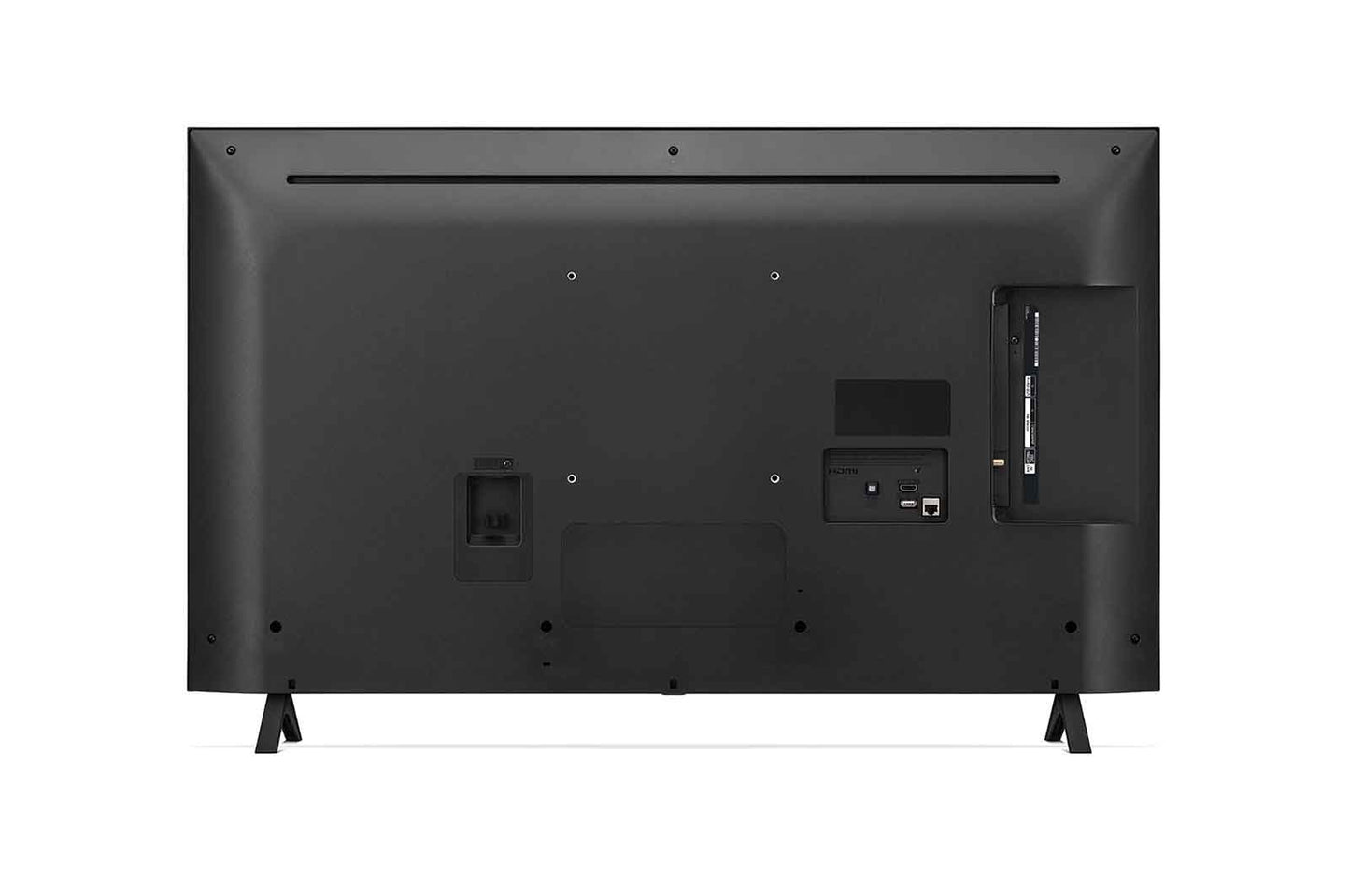 Vista trasera del televisor LG 43 pulgadas 4K con patas de soporte y puertos HDMI USB y Ethernet