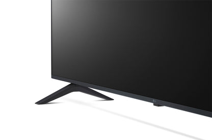 televisor LG 50 pulgadas 4K con pantalla negra bisel delgado y peana en forma de V para colocacion sobre mueble