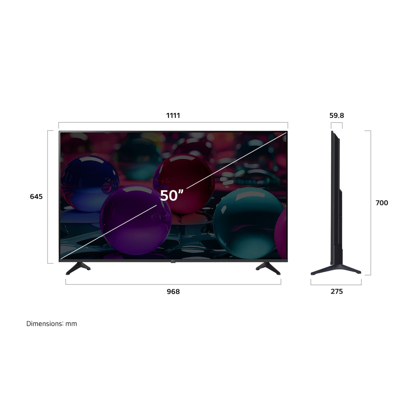 Televisor LG 50 pulgadas 4K modelo LL05 con diseño delgado y soporte en negro
