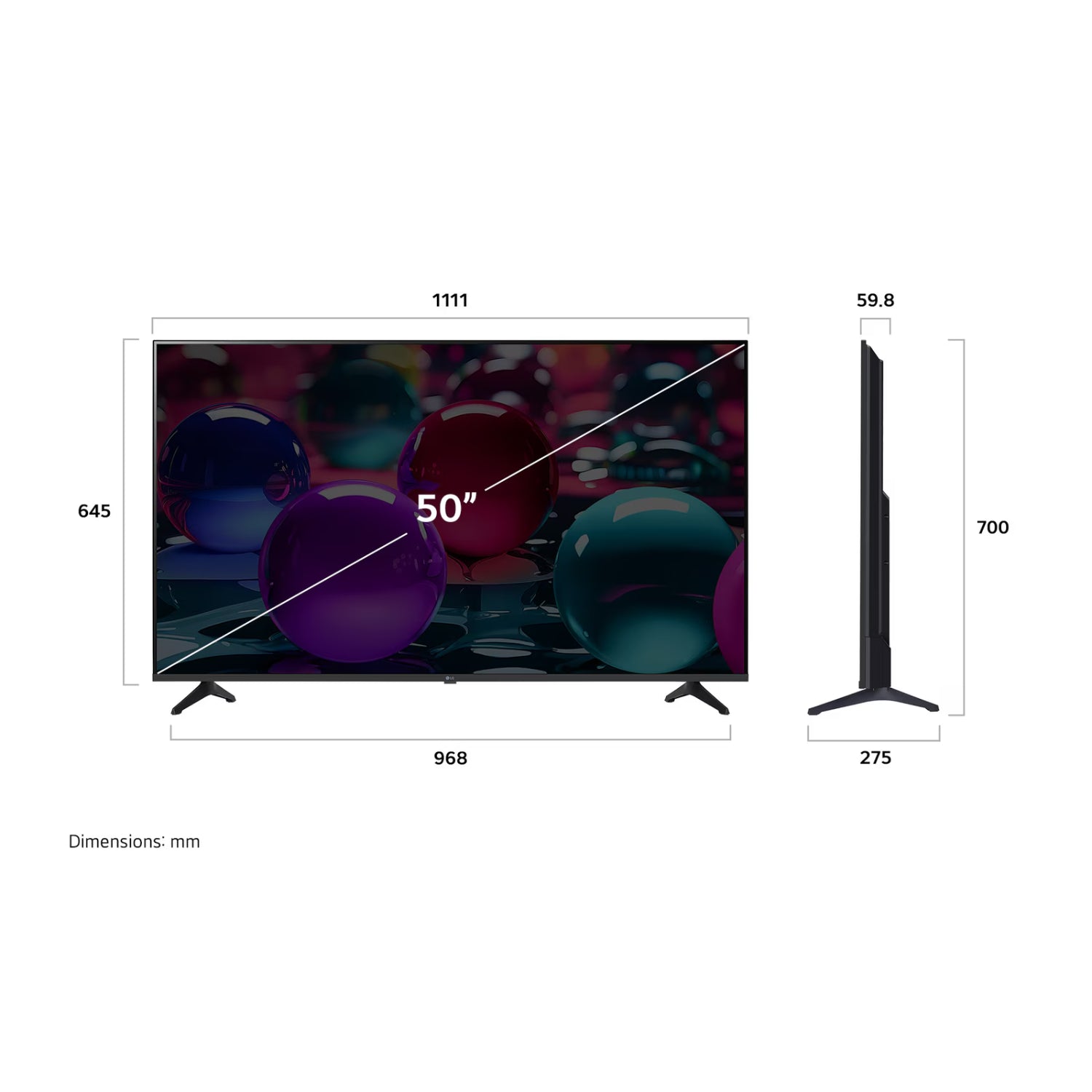 Televisor LG 50 pulgadas 4K modelo LL05 con diseño delgado y soporte en negro