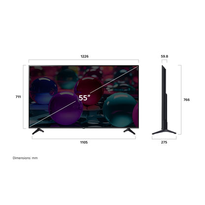 Televisor LG 55 pulgadas 4K con diseño delgado y dimensiones detalladas en milímetros