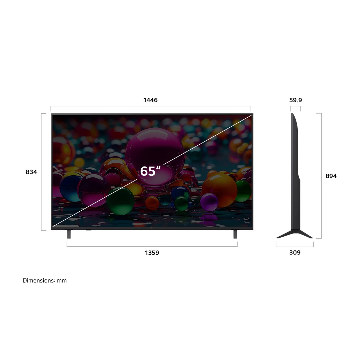 Televisor LG 65 pulgadas 4K con diseño delgado y soporte lateral, mostrando dimensiones detalladas