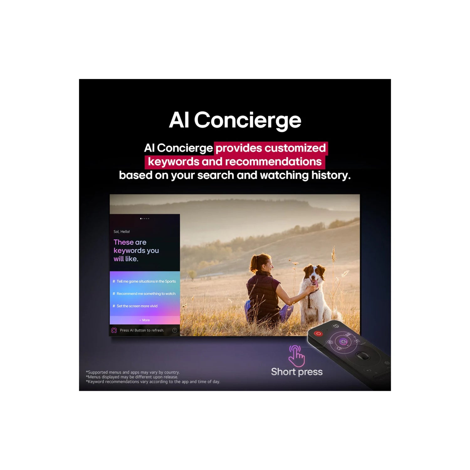 Televisor LG 65 pulgadas 4K mostrando función Al Concierge con recomendaciones personalizadas en pantalla