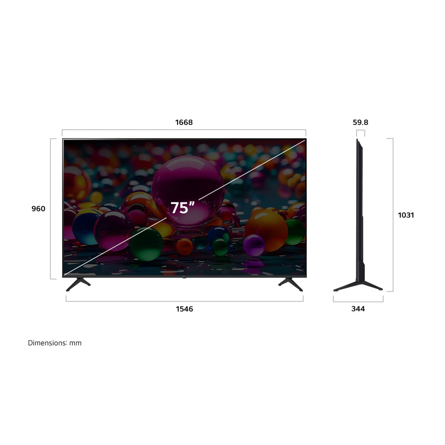 televisor LG 75 pulgadas 4K vista frontal y lateral con dimensiones detalladas en milímetros