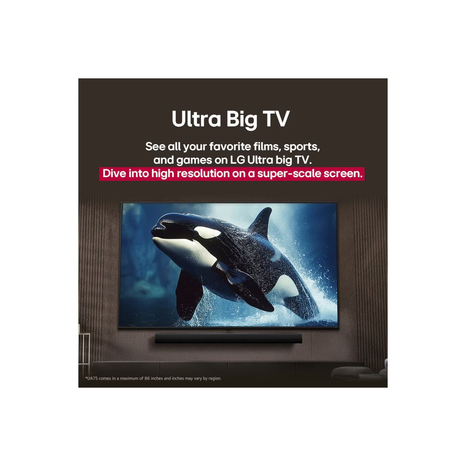 Televisor LG 75 pulgadas 4K mostrando una orca en pantalla con sonido envolvente