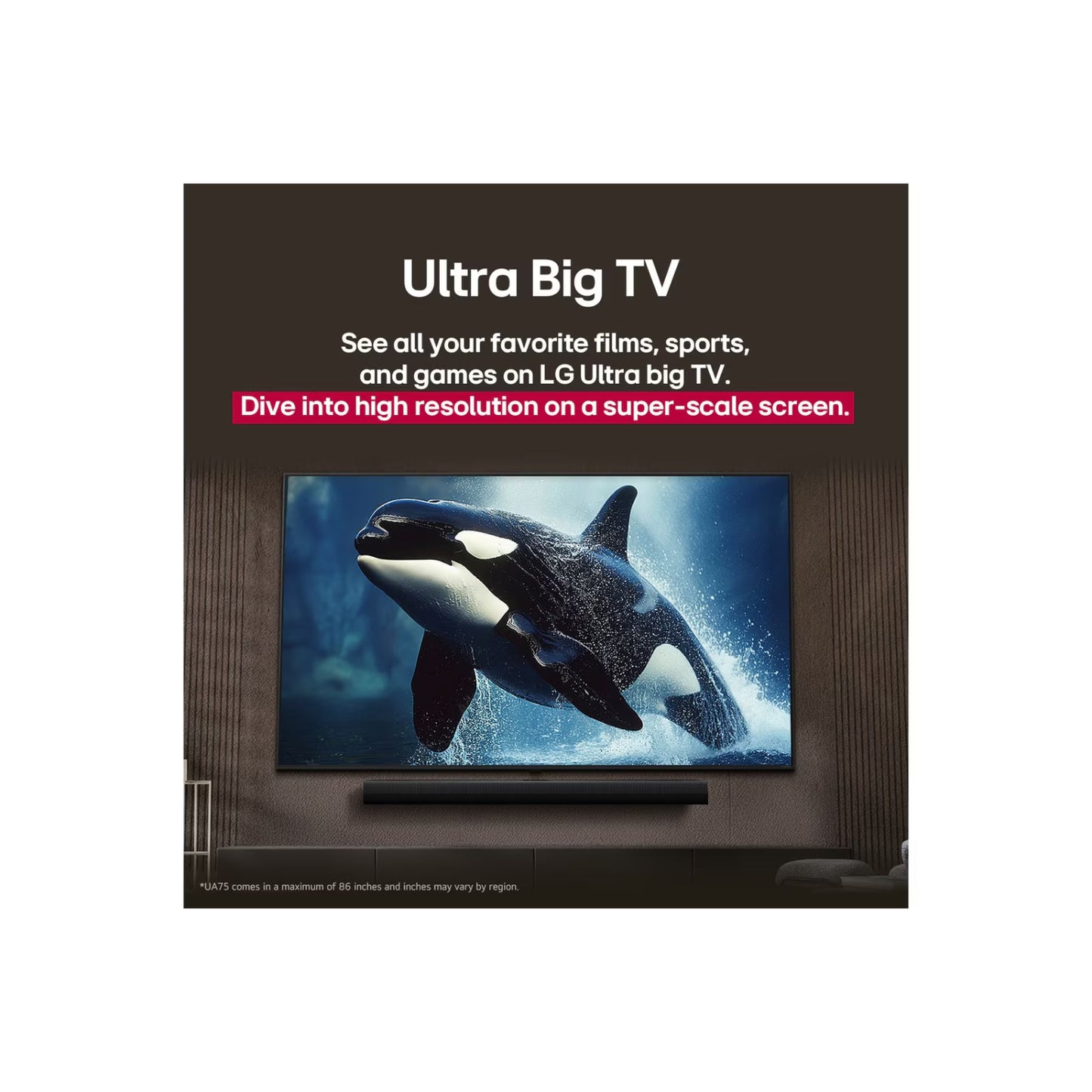televisor LG 86 pulgadas 4K mostrando una orca en pantalla con imagen nítida y colores vivos