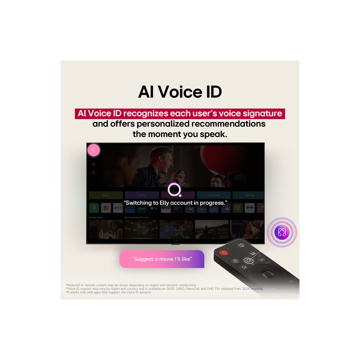 Televisor LG 86 pulgadas 4K con reconocimiento de voz AI Voice ID y control remoto inteligente