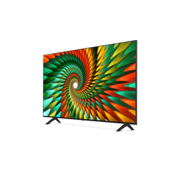 televisor LG Nanocell 43 pulgadas 4K Honduras mostrando pantalla colorida en espiral con biseles delgados y peanas negras