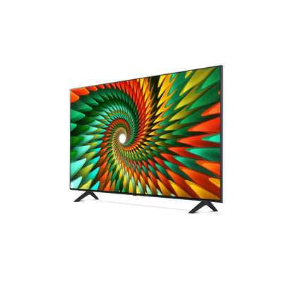televisor LG Nanocell 43 pulgadas 4K Honduras mostrando pantalla colorida en espiral con biseles delgados y peanas negras