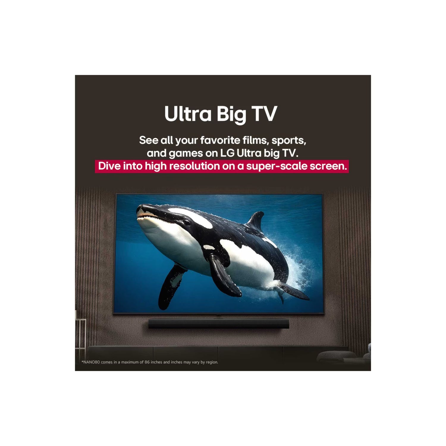 Televisor LG NanoCell 50 pulgadas mostrando imagen de una orca en pantalla ultra grande de alta resolución