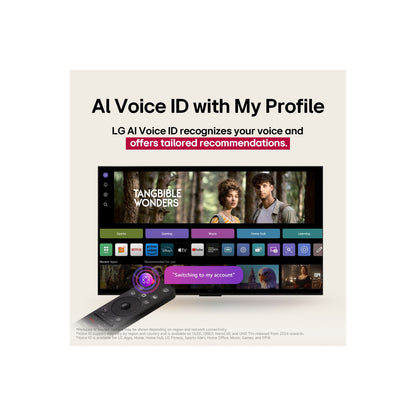 Televisor LG NanoCell 50 pulgadas mostrando función AI Voice ID con control remoto y pantalla de inicio