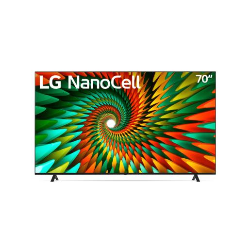 televisor LG NanoCell 70 pulgadas con bisel delgado soporte de patas y pantalla con colores vivos en espiral