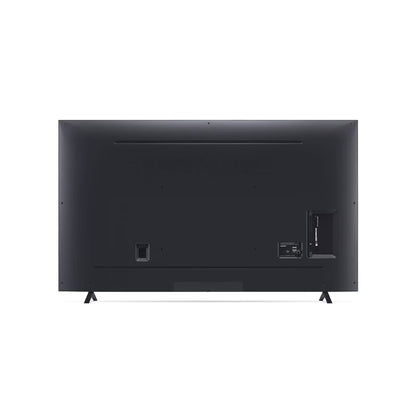 Vista trasera del televisor LG NanoCell 70 pulgadas en negro con patas y puertos HDMI y montaje VESA