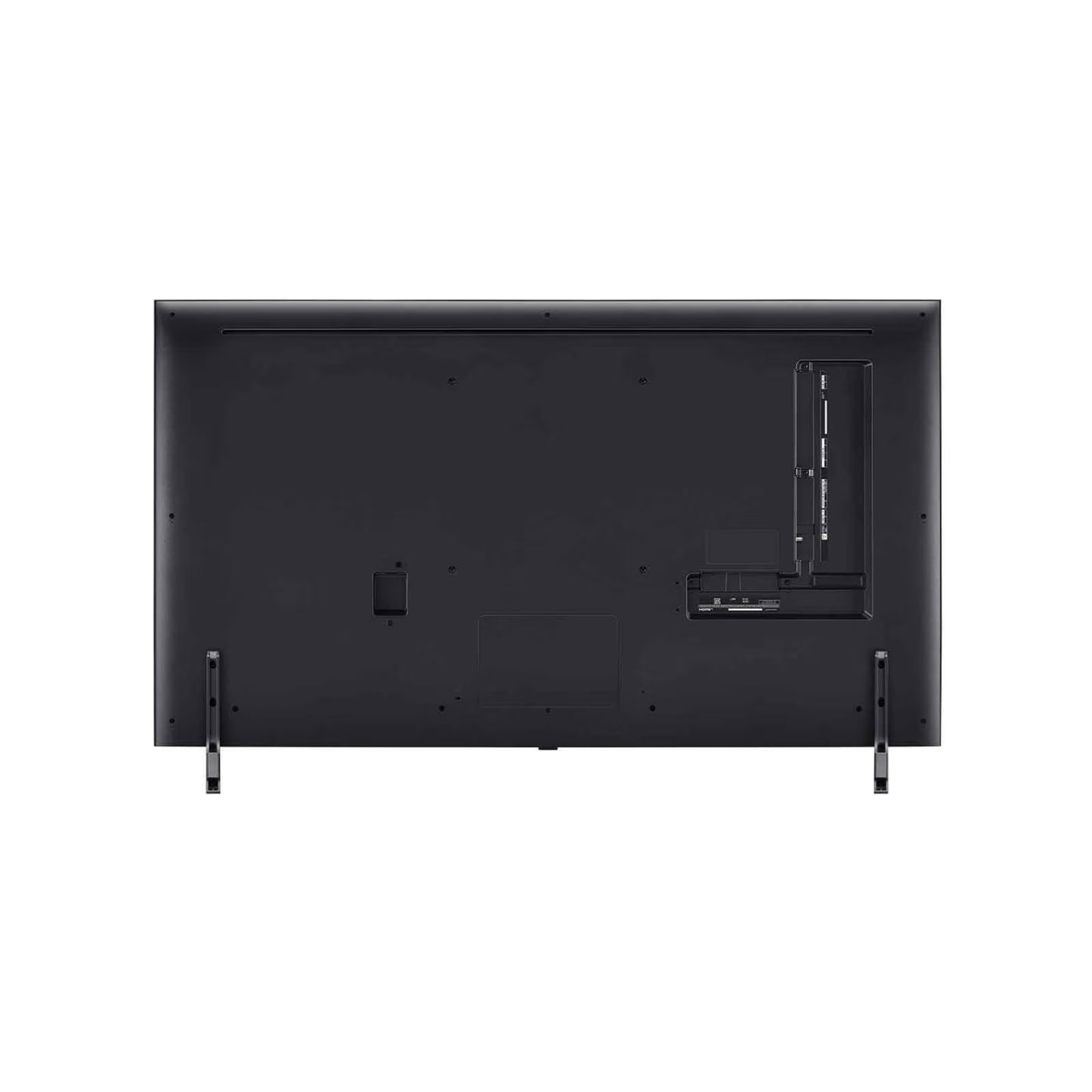 Vista trasera del televisor LG QNED 55 pulgadas 4K en negro con patas de soporte y puertos HDMI visibles