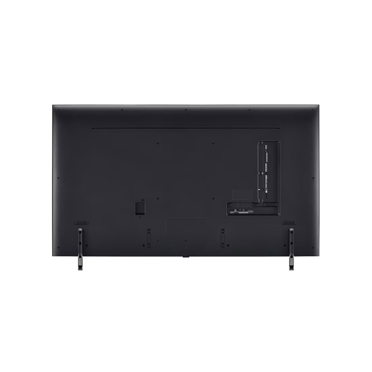 Vista trasera del televisor LG QNED 65 pulgadas 4K negro con soportes de pie y panel de conexiones HDMI y puertos