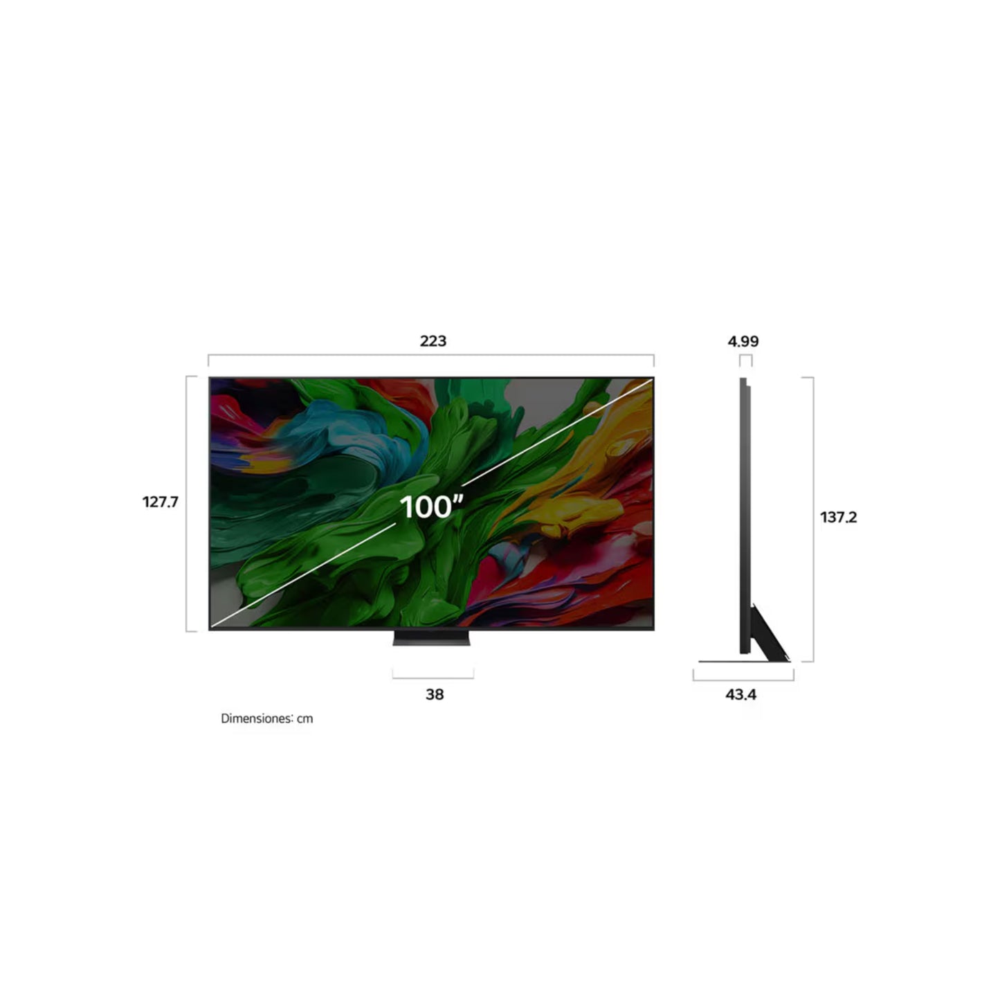 lg televisor 100 pulgadas, vista frontal, medidas y diseño moderno