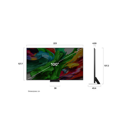 lg televisor 100 pulgadas, vista frontal, medidas y diseño moderno