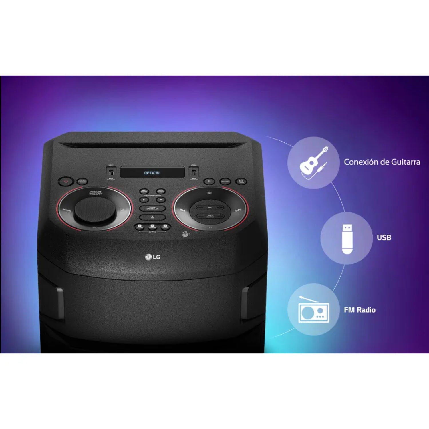 Torre de sonido XBOOM 300W LG con conectividad para guitarra, USB y radio FM
