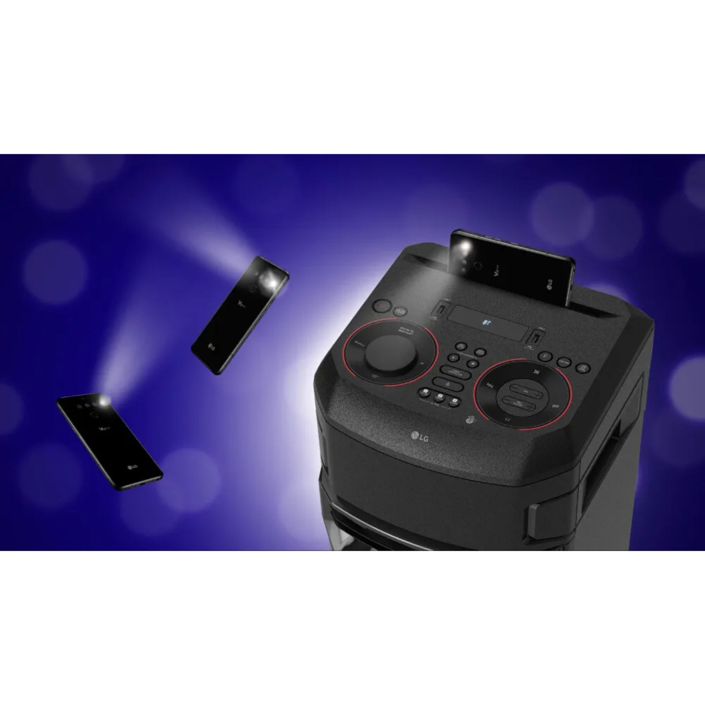 Torre de sonido XBOOM 300W de LG con controles en la parte superior y conexión para dispositivos móviles