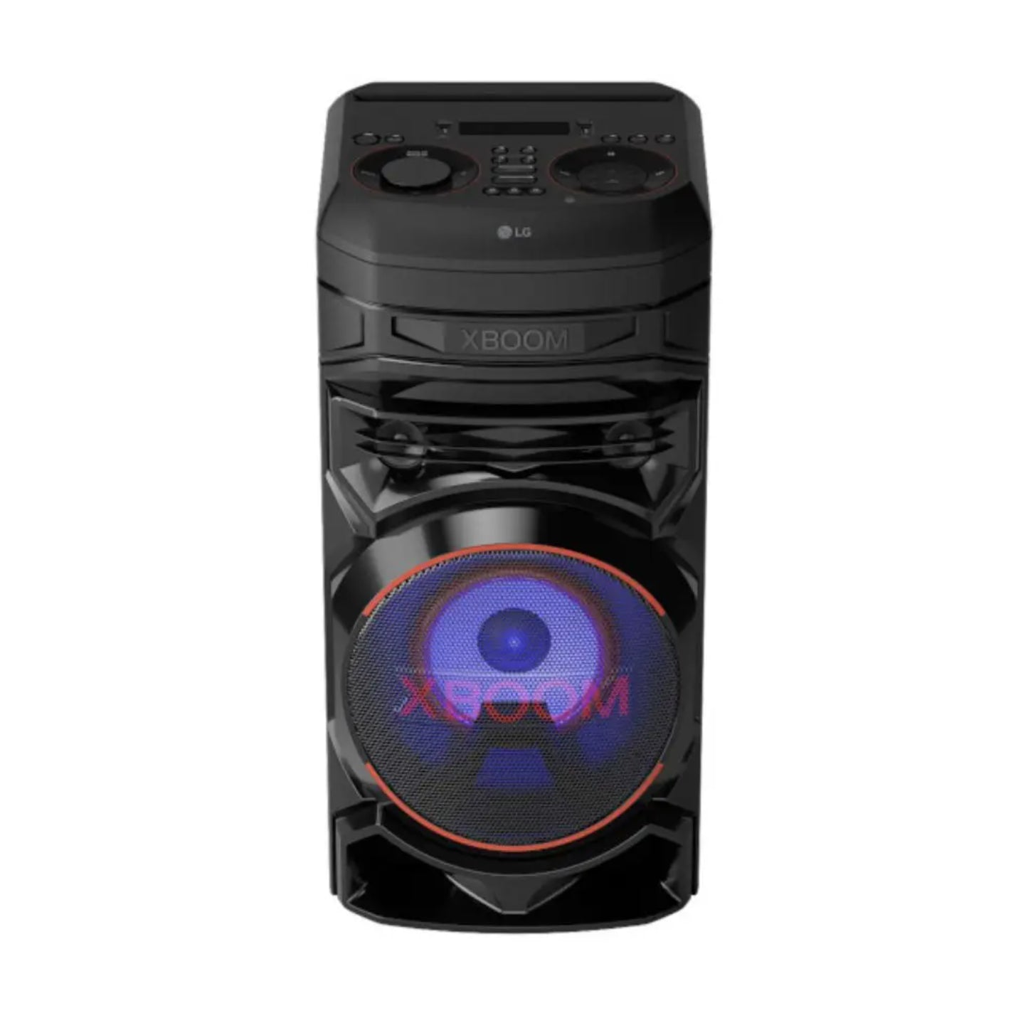 Torre de sonido XBOOM 300W LG LL05 con diseño negro y luces LED en parlante frontal