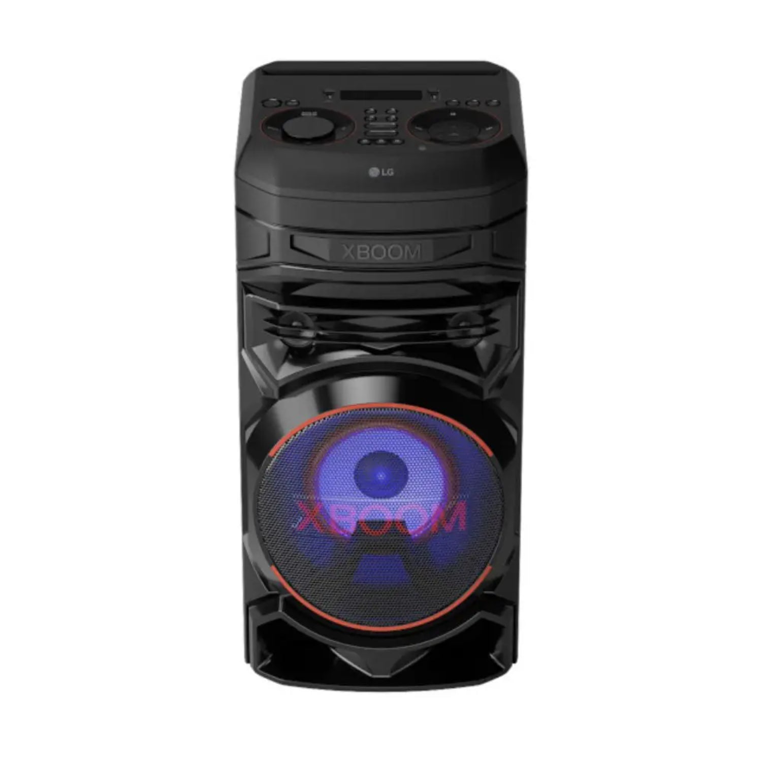 Torre de sonido XBOOM 300W LG LL05 con diseño negro y luces LED en parlante frontal