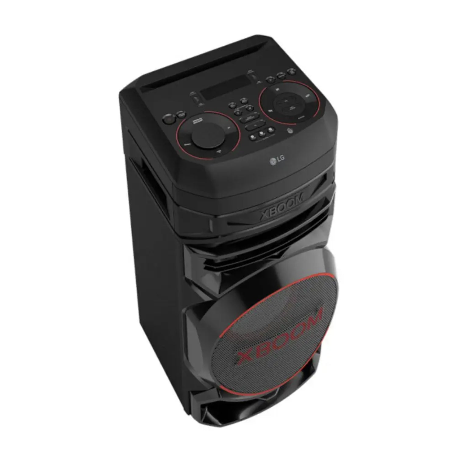 Torre de sonido XBOOM 300W LG modelo LL05 con controles en la parte superior y diseño negro con detalles rojos