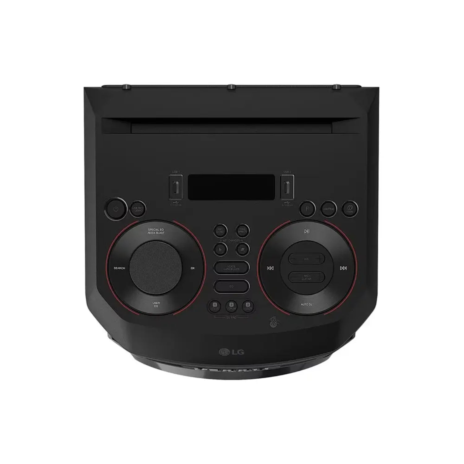 Panel frontal negro de la torre de sonido XBOOM 300W LG con controles y pantalla digital