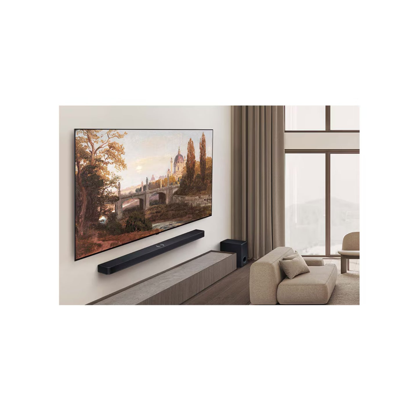 Televisor LG OLED 65 pulgadas 4K UHD montado en la pared con sonido envolvente y decoración moderna
