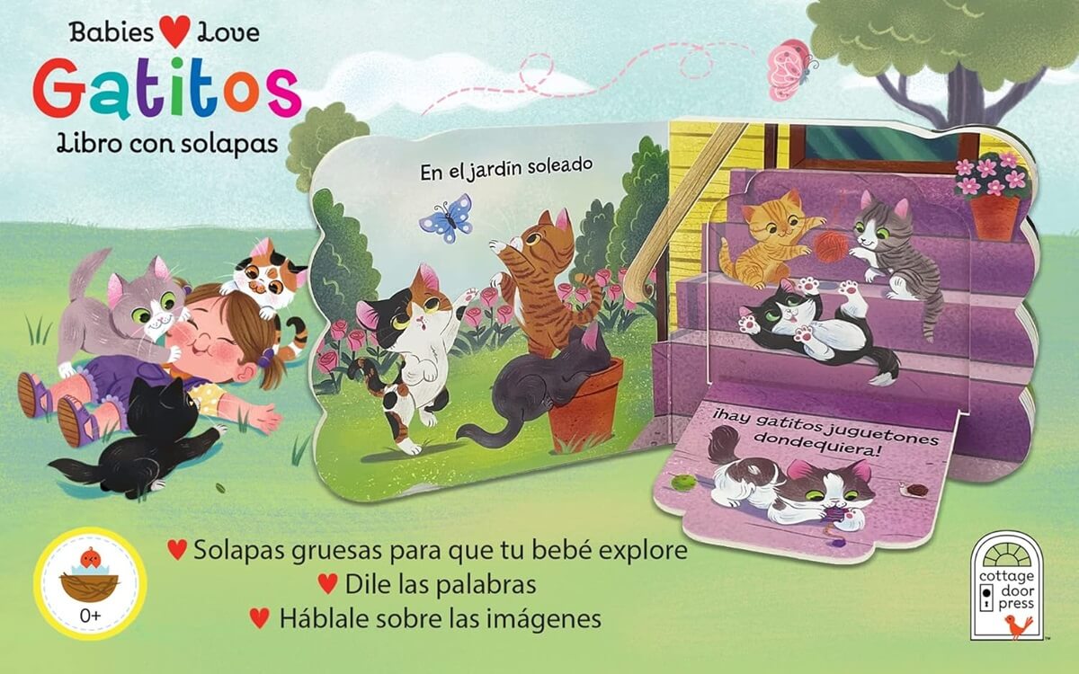 Libro de solapas Gatitos colorido, ilustraciones en el jardín, ideal para bebés