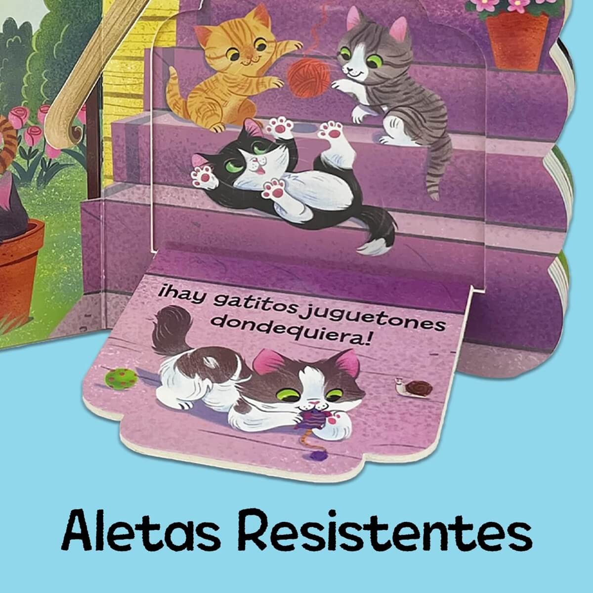 Libro de gatos colorido, vista frontal muestra aletas resistentes en diversas posturas
