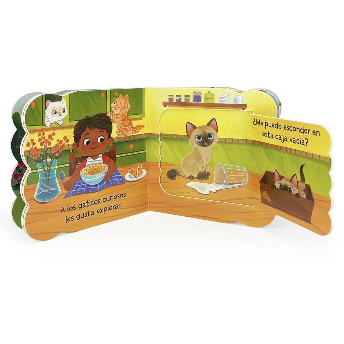 Libro de cartón con ilustraciones de gatos y niños, actividades educativas