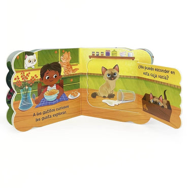 Libro de cartón con ilustraciones de gatos y niños, actividades educativas