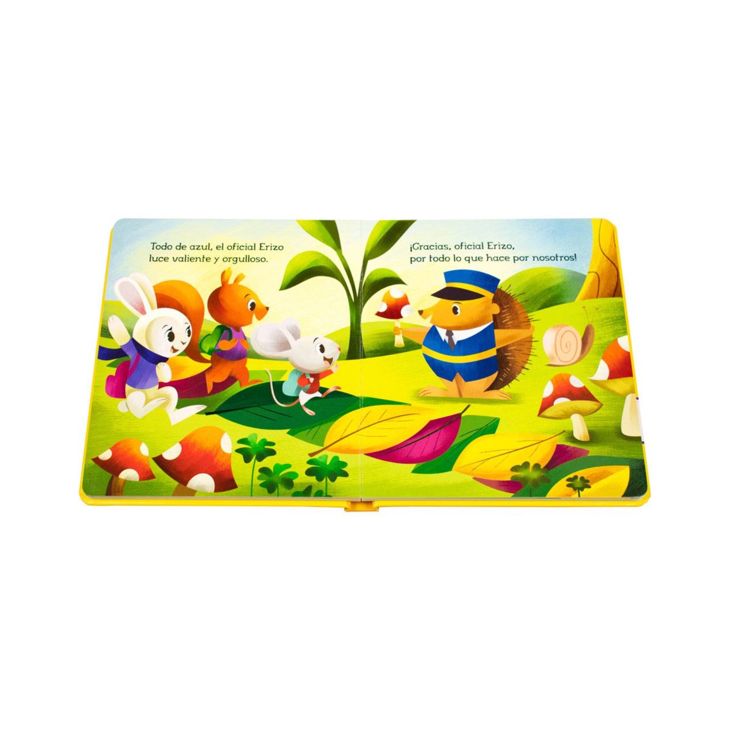 libro de actividades colorido con personajes en un paisaje de cuentos